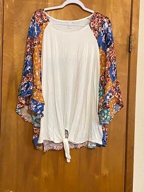 White Tie-Front Tunic with Floral Patchwork Sleeves